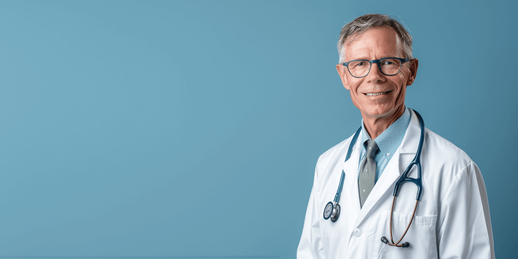 white older male doctor in glasses wearing a stethoscope smiling directly at the camera