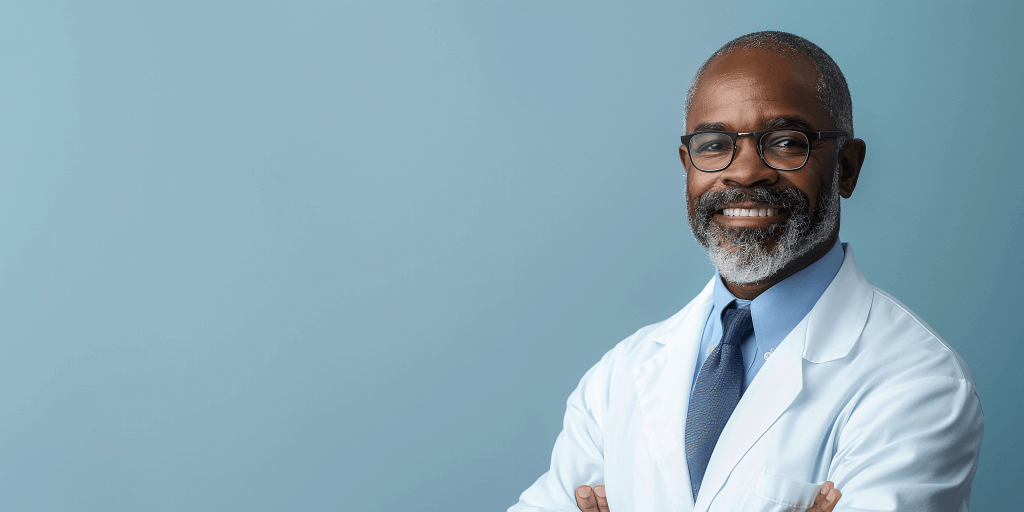 black male doctor in glasses smiling at camera