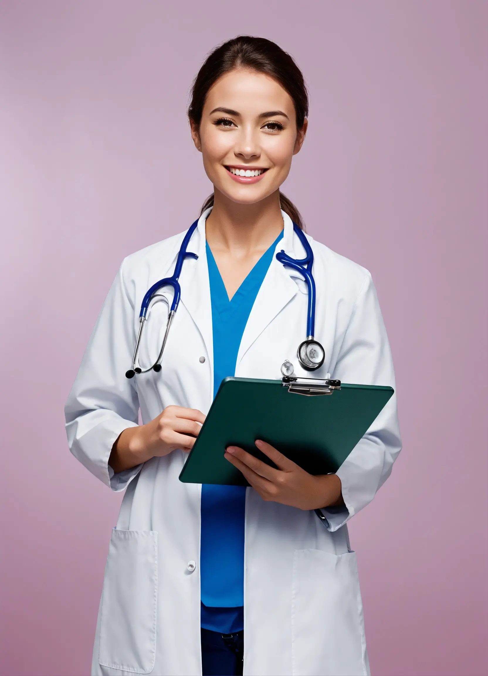 Female doctor with stethoscope and clip board