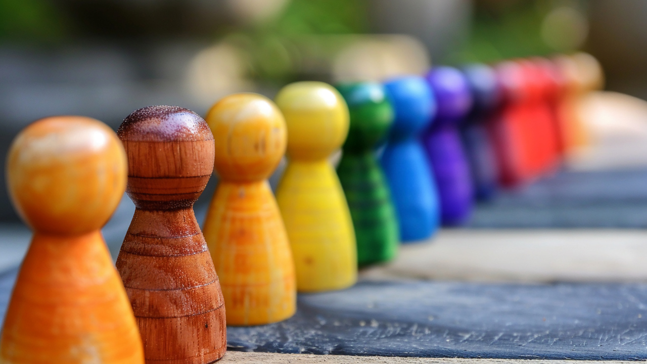 an abstract image of colorful wooden puzzle figurines lined up