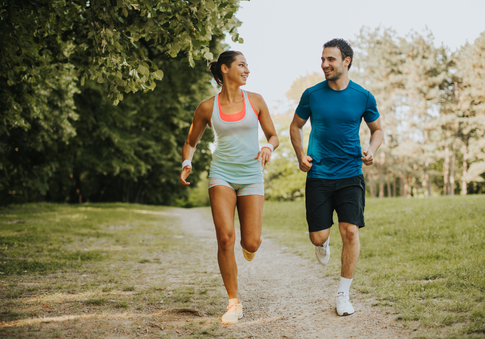 a male and female running