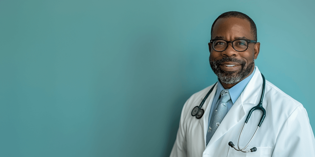 black male doctor in glasses smiling at the camera