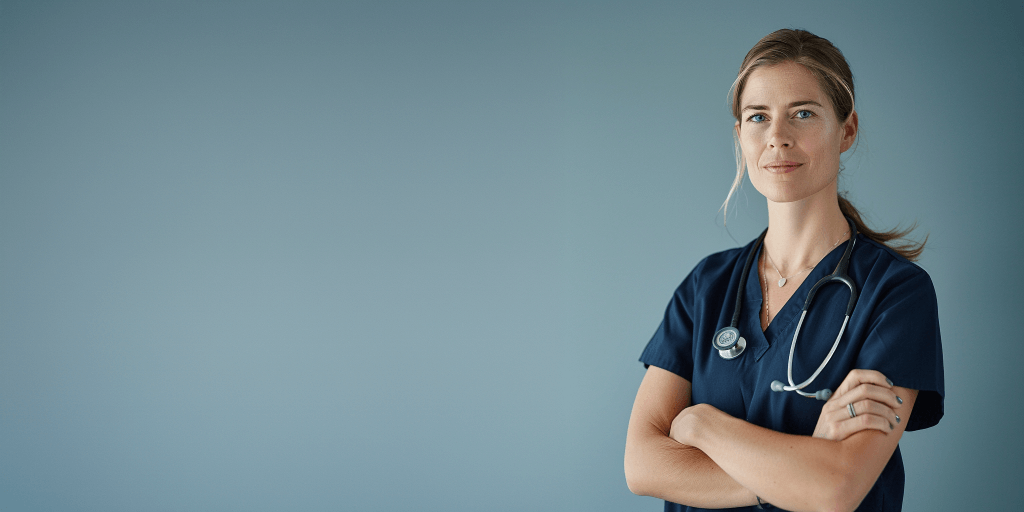 white female doctor with blonde hair in ponytail and stethoscope