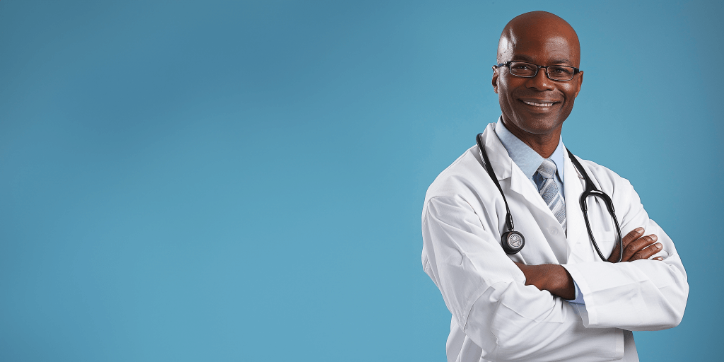 middle age black doctor in glasses with crossed arms